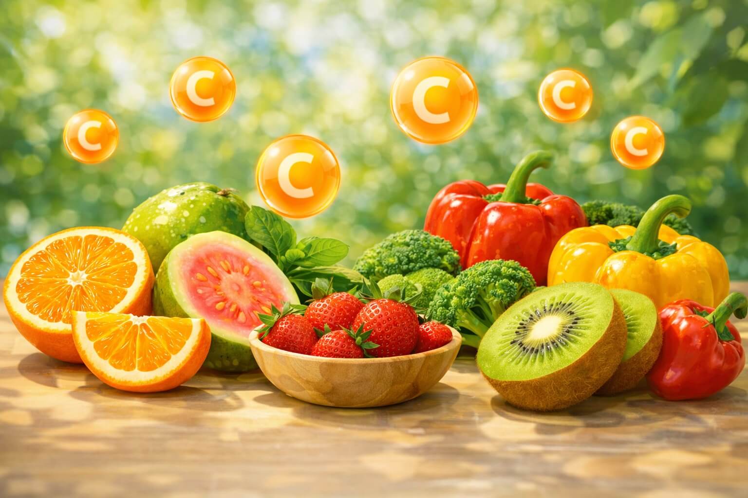 Thực phẩm giàu Vitamin C: cam, ổi, kiwi, ớt chuông, bông cải